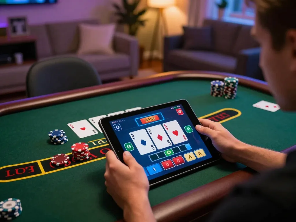Engagera dig med ett online casino utan svensk licens medan du spelar live dealer blackjack på en surfplatta i ett mysigt hem.