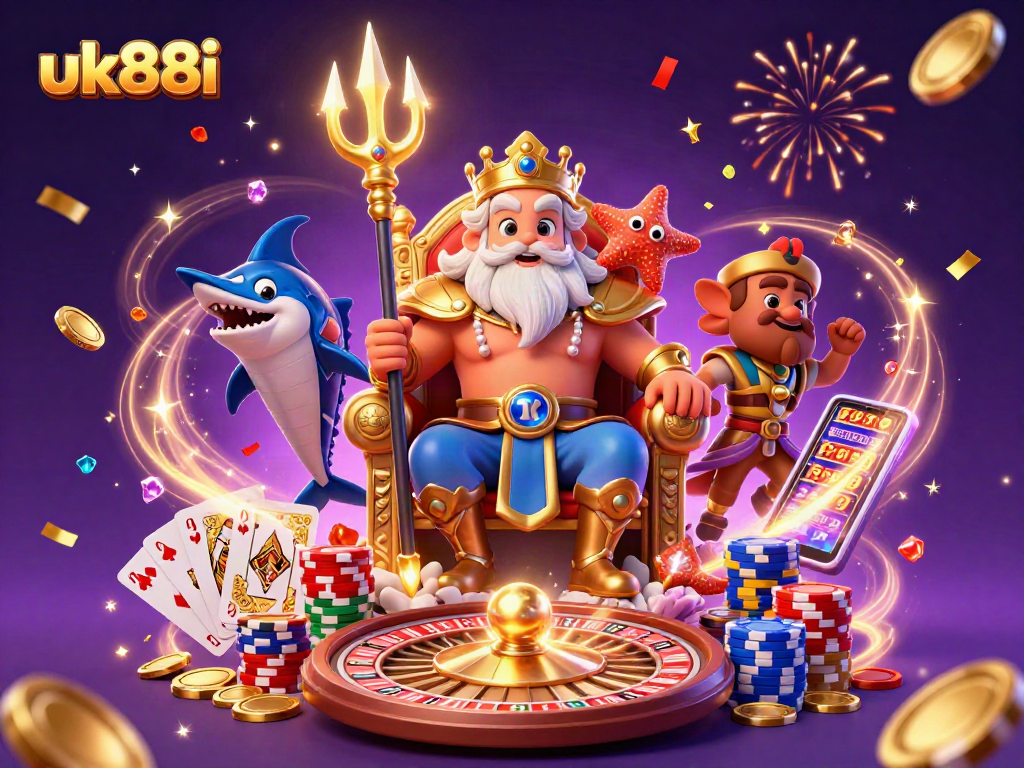 uk88i captivates with a vibrant 3D casino scene featuring sea king Neptune and exciting game elements.