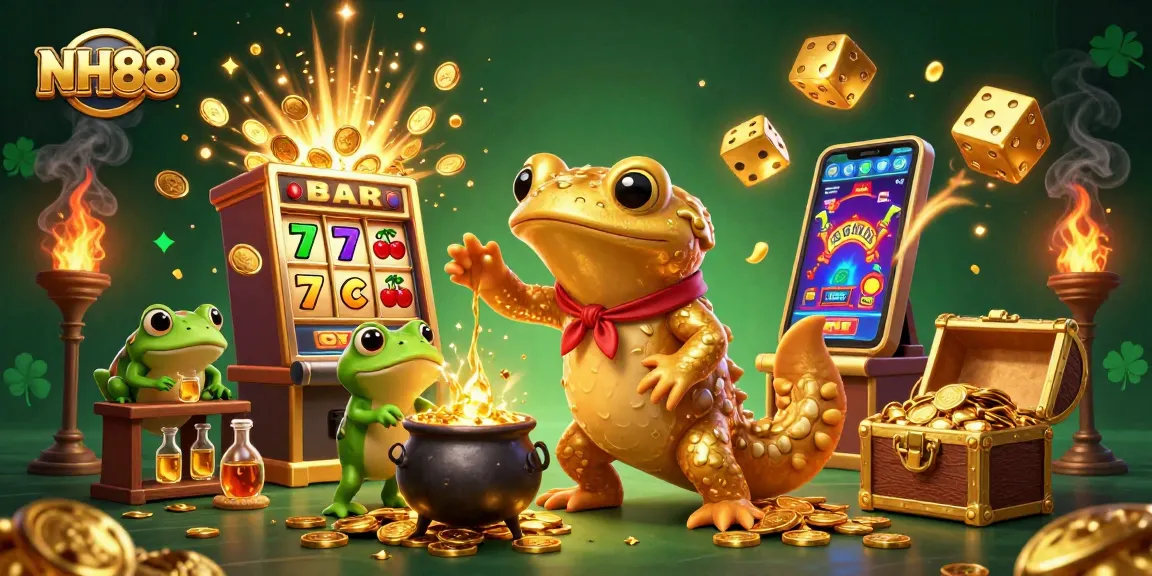 Experience immersive gaming magic at NH88 with alchemical delights, gold coins, and energetic casino elements.