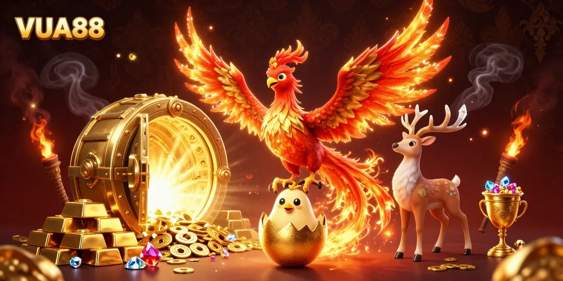 Engage with VUA88's vibrant 3D phoenix illustration showcasing golden treasures and casino magic.