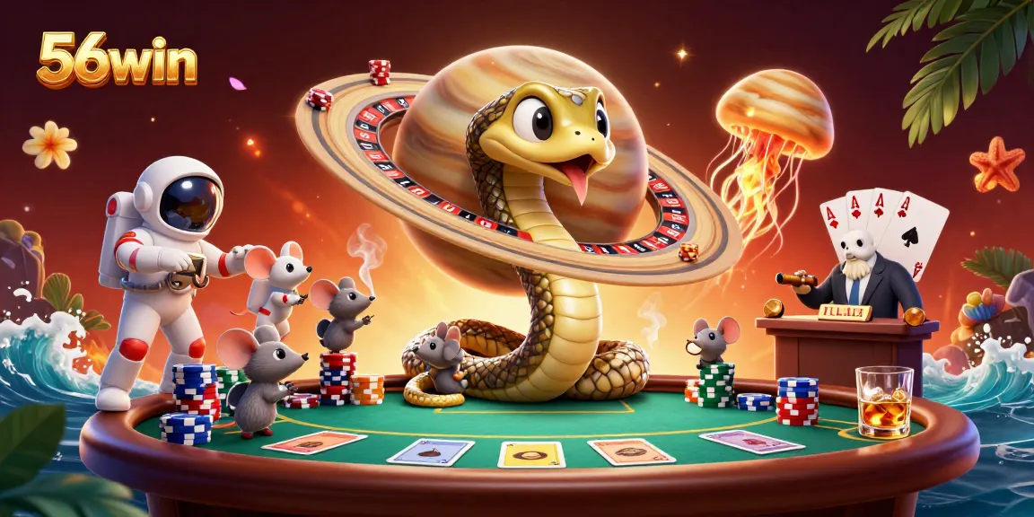 Place bets with 56win on a cosmic roulette scene featuring vibrant characters and rich casino elements.