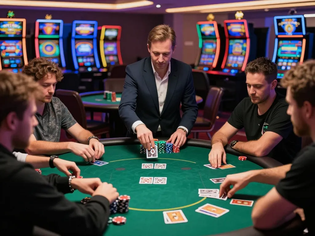 Experience the thrill of fun88s poker games with players actively betting and strategizing at a lively casino table.