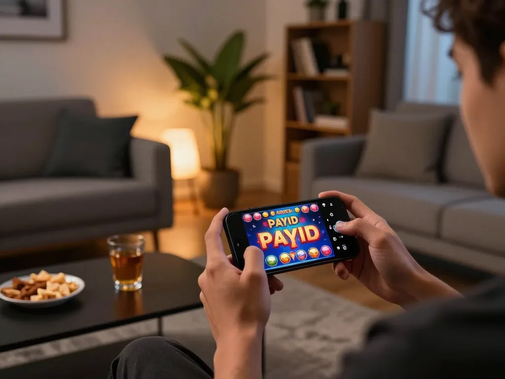 Person enjoying payID pokies australia game on smartphone in cozy living room setting.