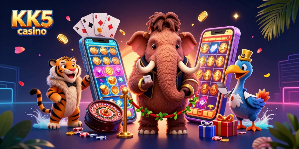Engage in thrilling action at KK5 casino with exclusive slot games and vibrant characters in a lively 3D scene.