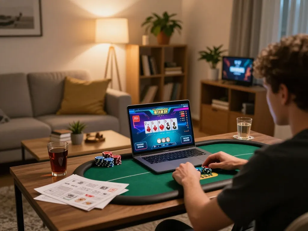 Player engaged in exciting online poker game at home, showcasing cm88 gaming experience with laptop and strategic notes.