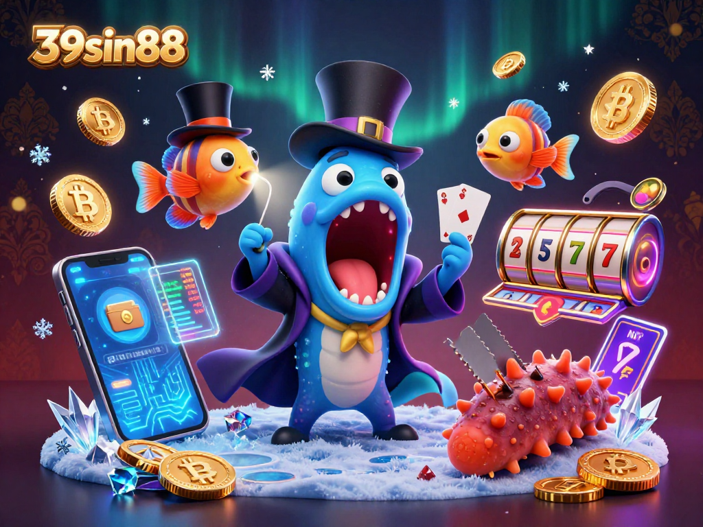 Engage with exciting 39sin88 casino action featuring enchanted sea creatures performing magic tricks amidst vibrant crypto elements.