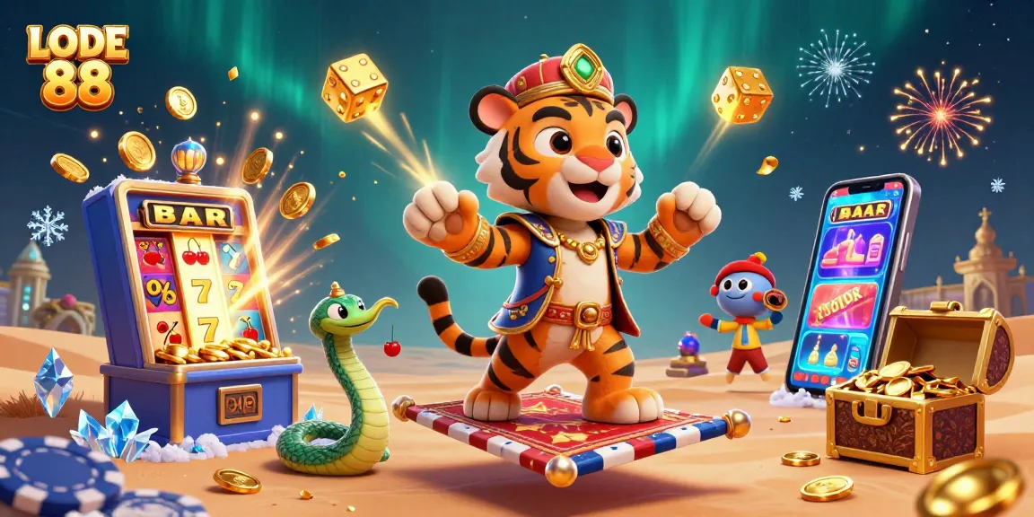 Engage with LODE 88 in an exciting 3D casino scene featuring a tiger sultan surrounded by jackpot symbols.