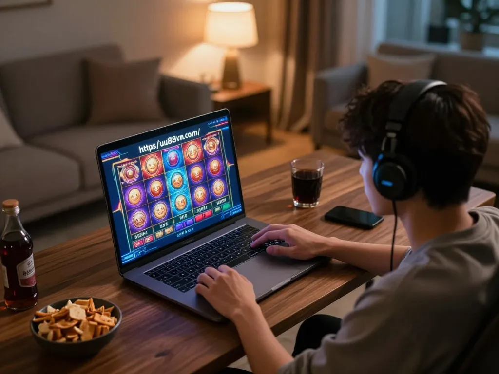 Player engaging in online slot gaming at https://uu88vn.com/ in a cozy living room.
