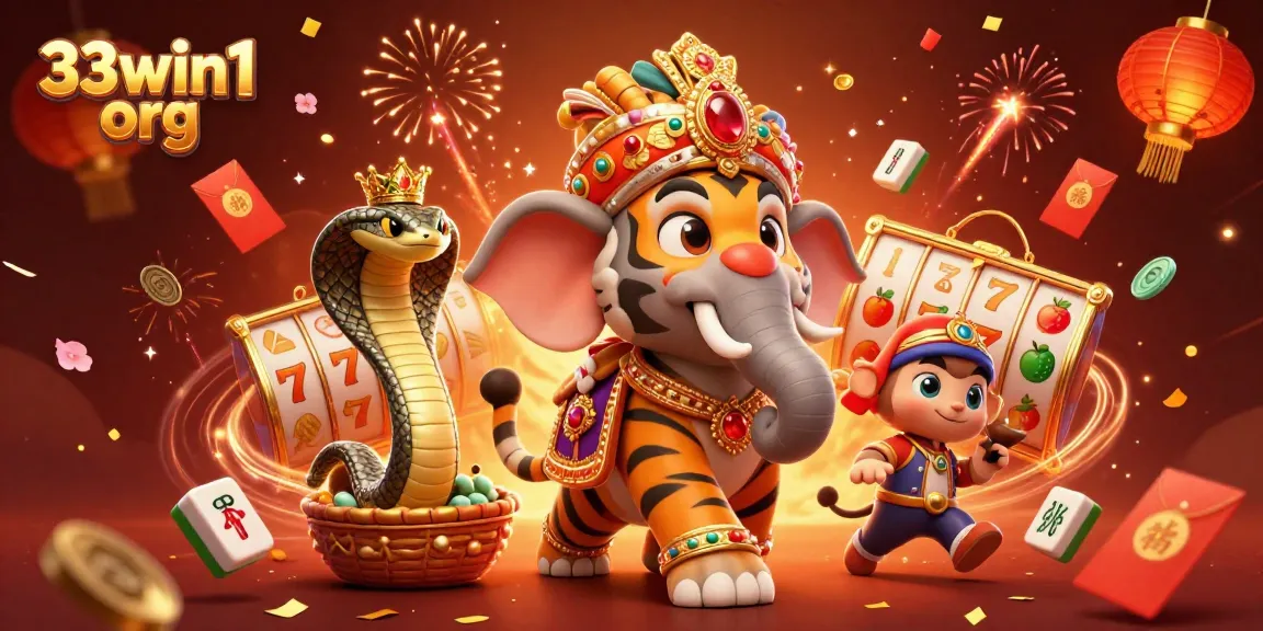 Engage with the vibrant illustration of 33win1 org featuring a maharaja tiger, a jewel elephant, and rich casino elements.