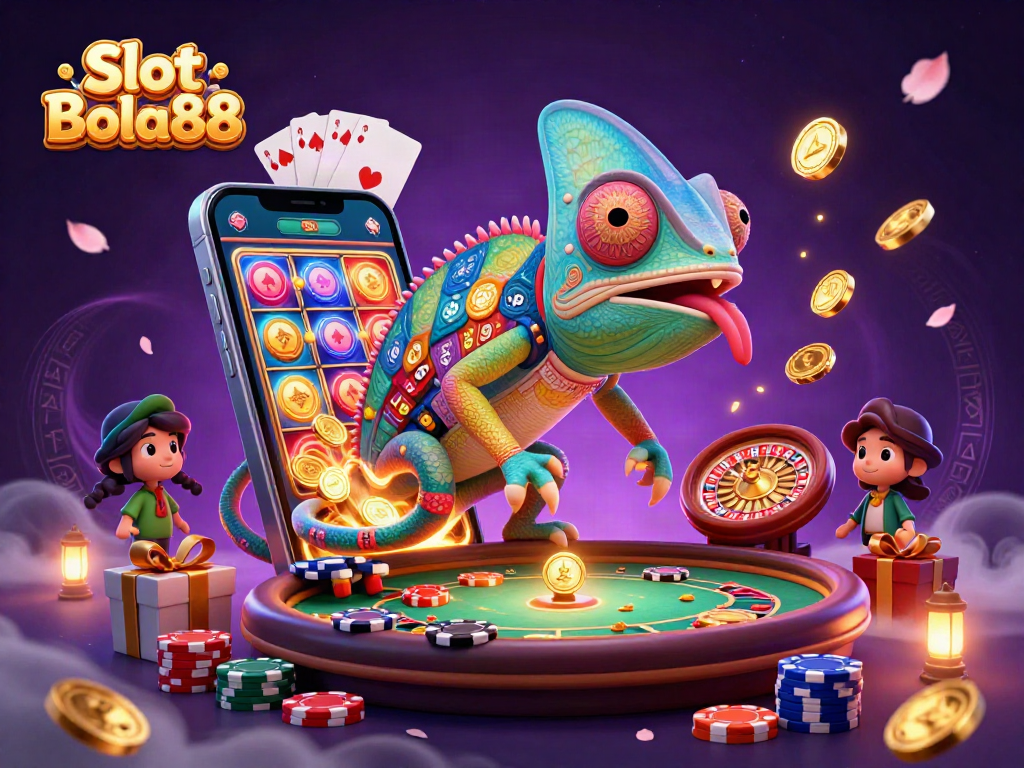 Engage with Slot Bola88’s vibrant casino action featuring a chameleon owner, slot games, and mysterious elements.