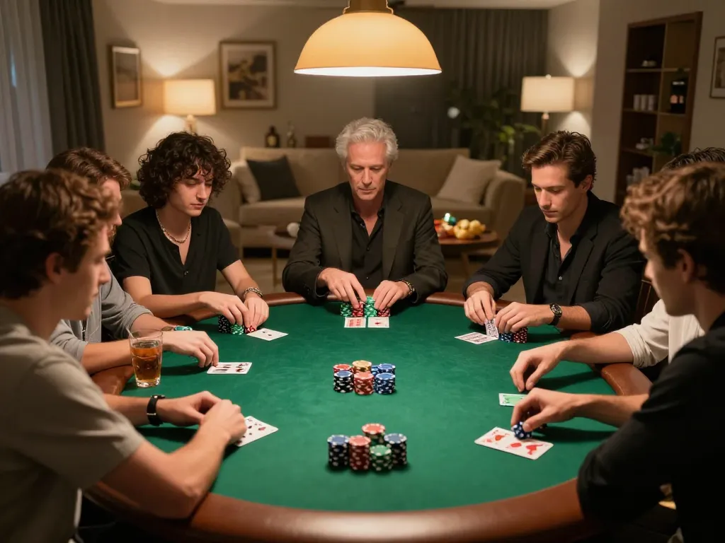 Engage in strategic gameplay with debet23 at a lively home poker night, highlighting intense players.