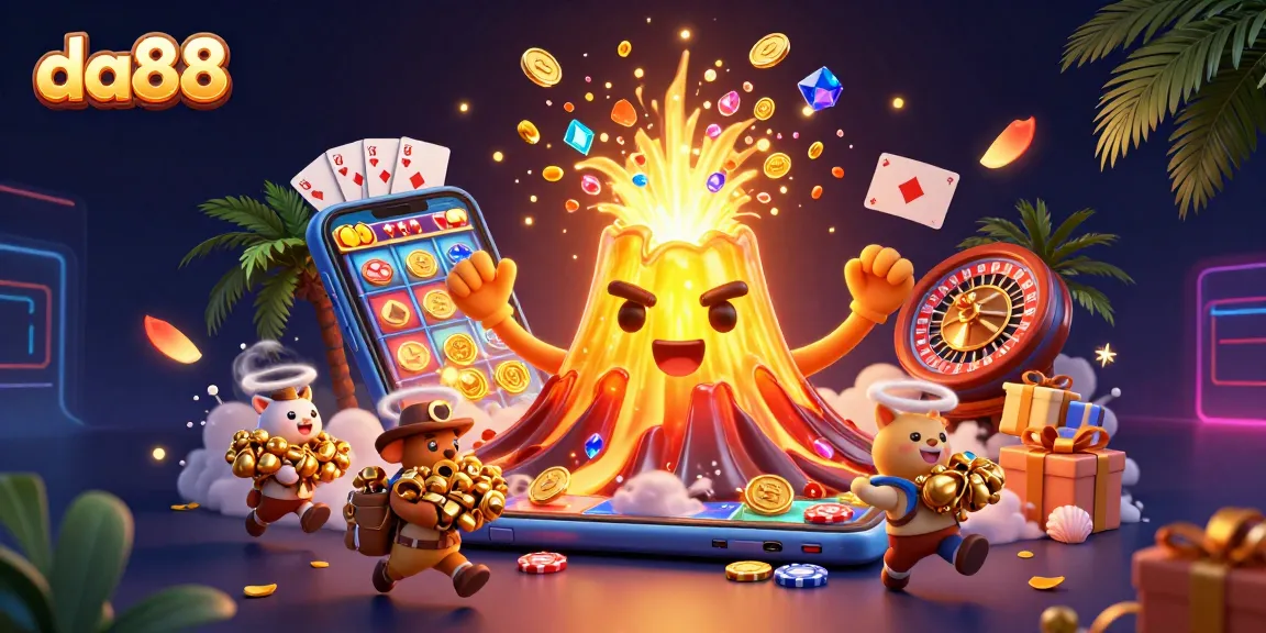 Experience the thrill of winning at da88 with vibrant casino-themed 3D art featuring exciting games and treasures.