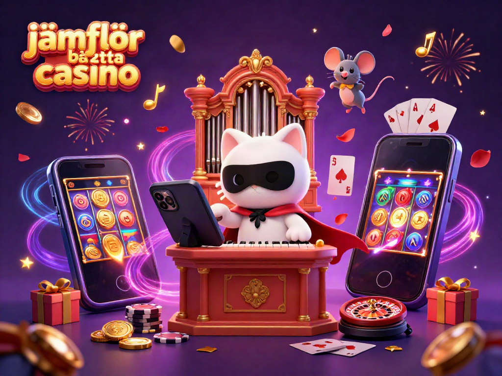 Jämför bästa casino med en 3D-katt i mask och en musakrobat vid ett lyxigt casino, omgiven av spelmoment.