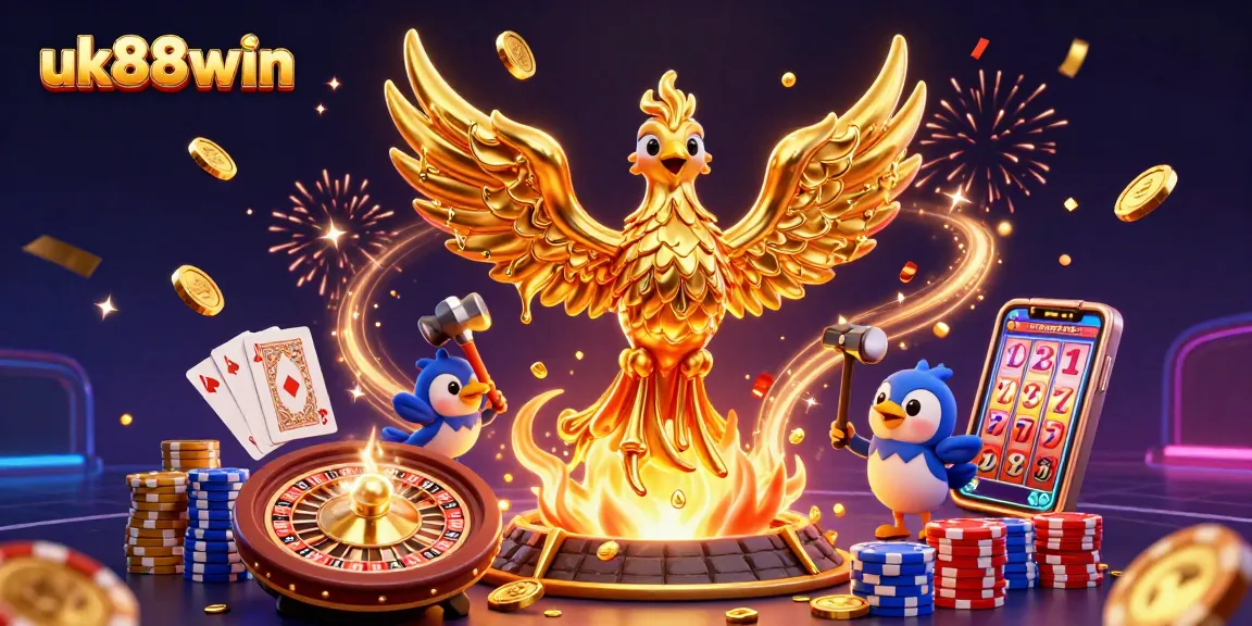 Win exciting rewards at uk88win with a dynamic 3D illustration showcasing a golden phoenix in a casino setting.