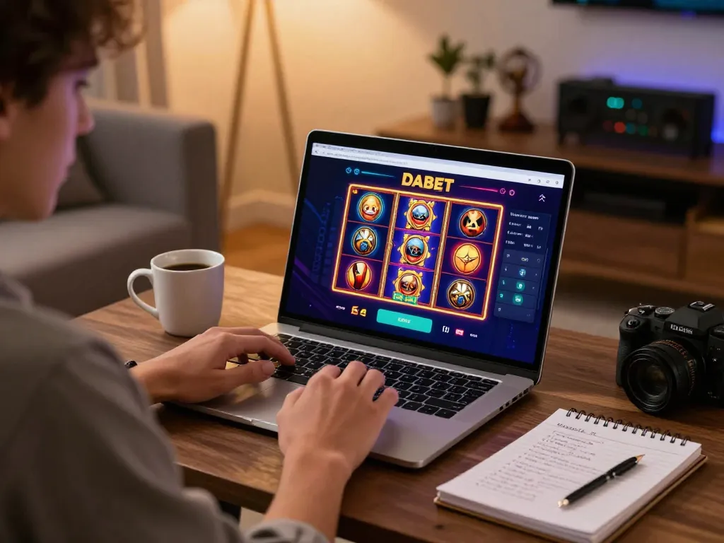 DABET user strategizing online casino bets in a cozy living room environment.