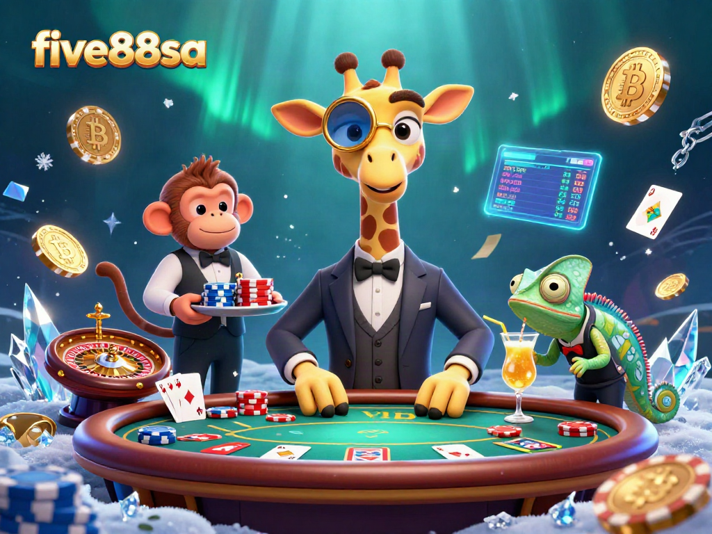 Play casino games at five88sa with a giraffe, monkey, and chameleon in an action-packed scene.