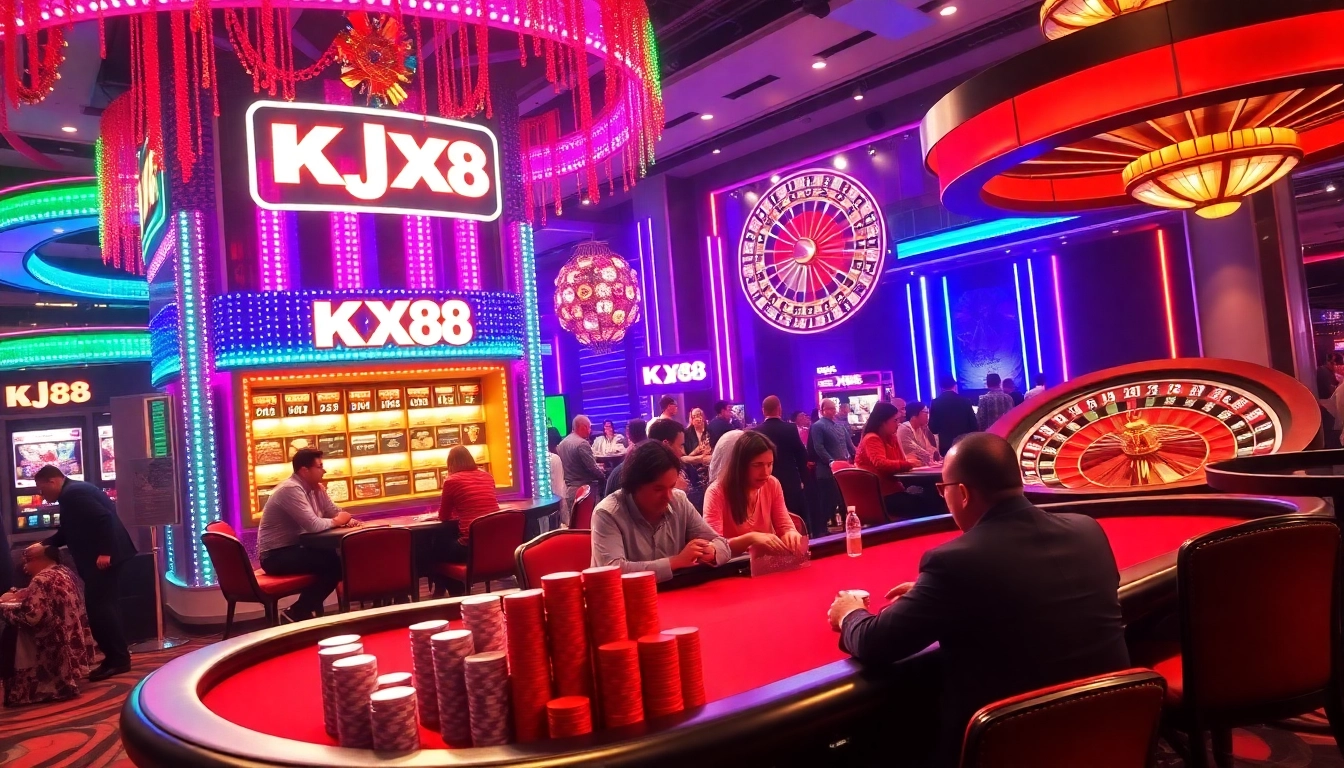 A poker game in progress at the KJC XX88 booth, showcasing vibrant casino excitement and professional atmosphere.