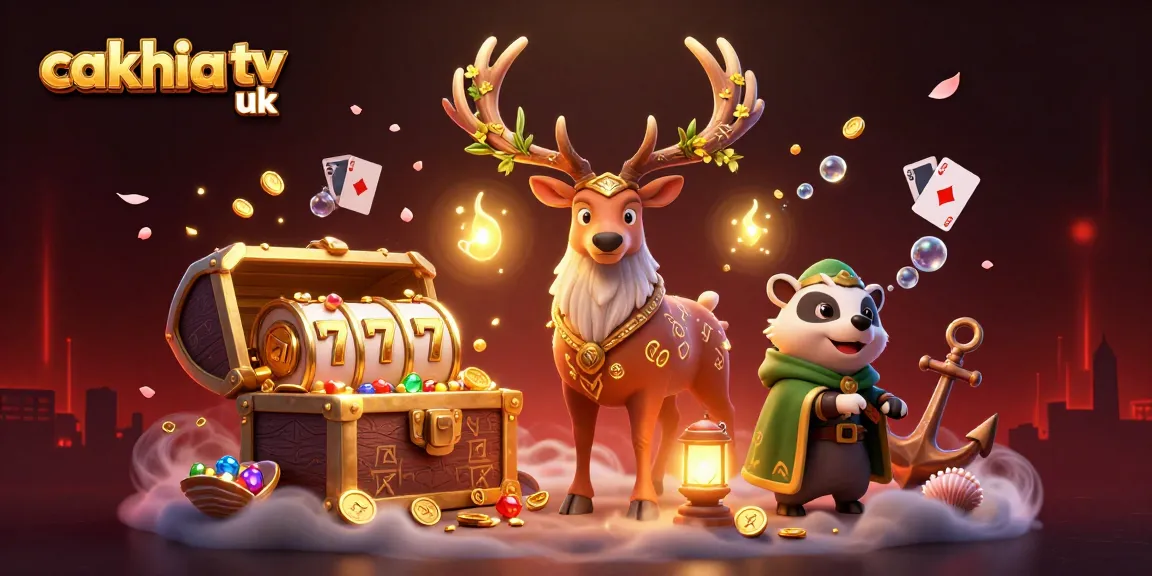 Cakhia tv uk showcases dynamic casino elements through a lively illustration of 3D characters amidst slot reels and gold.