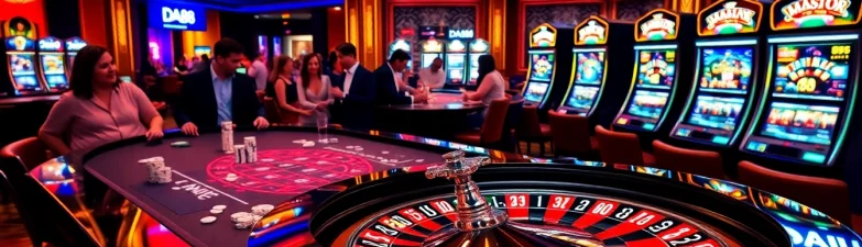 Experience the excitement of DA88 with a vibrant casino scene featuring poker, roulette, and slot machines.
