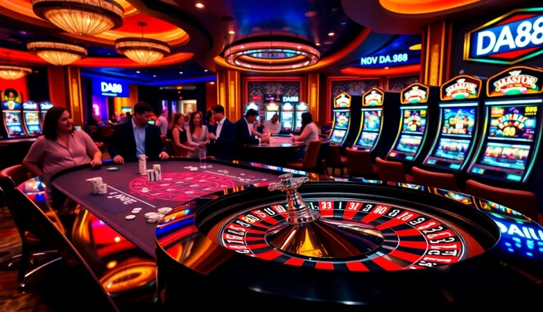 Experience the excitement of DA88 with a vibrant casino scene featuring poker, roulette, and slot machines.