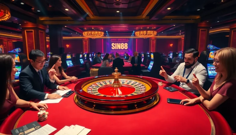 SIN88 players engaging in a thrilling casino atmosphere with roulette wheels and vibrant tables.