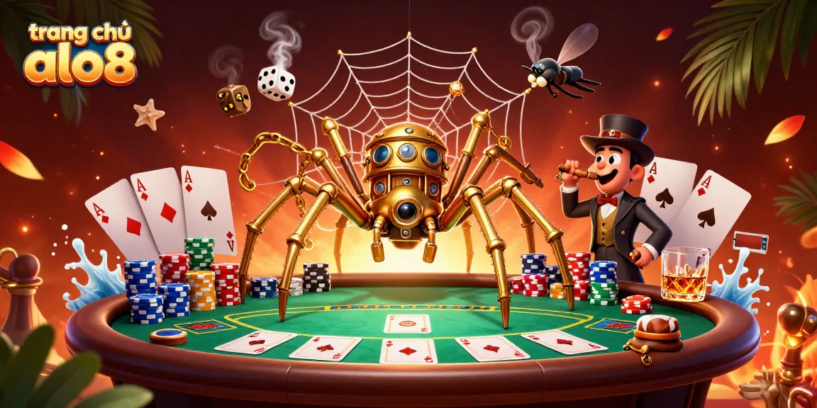 Engage with the thrilling trang chủ alo8 gambling scene featuring a steampunk spider web of winning poker chips.